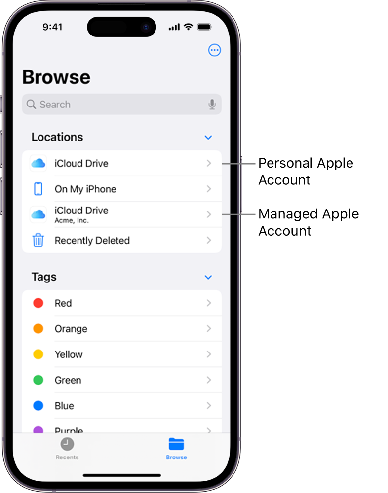 An iPhone screen showing the iCloud Drive for a user’s personal Apple Account and their Managed Apple Account.