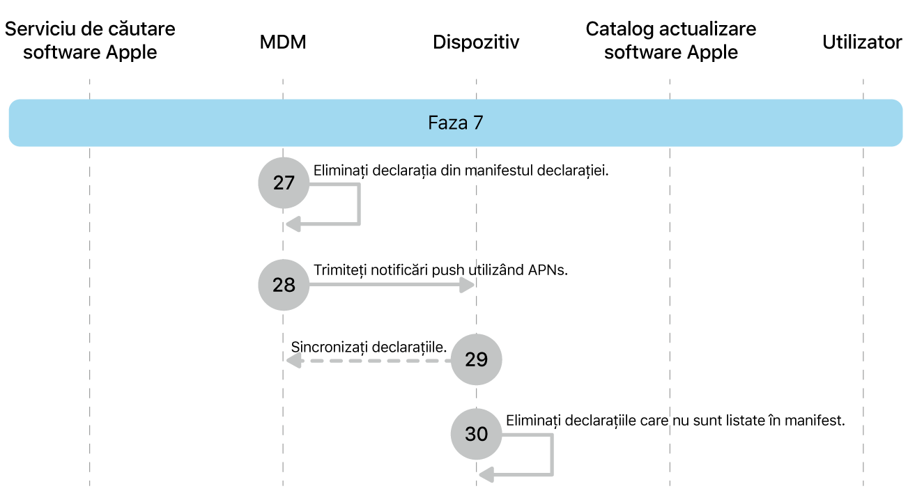 Faza 7 afișând pașii de la 27 la 30 ai impunerii actualizării de software Apple.