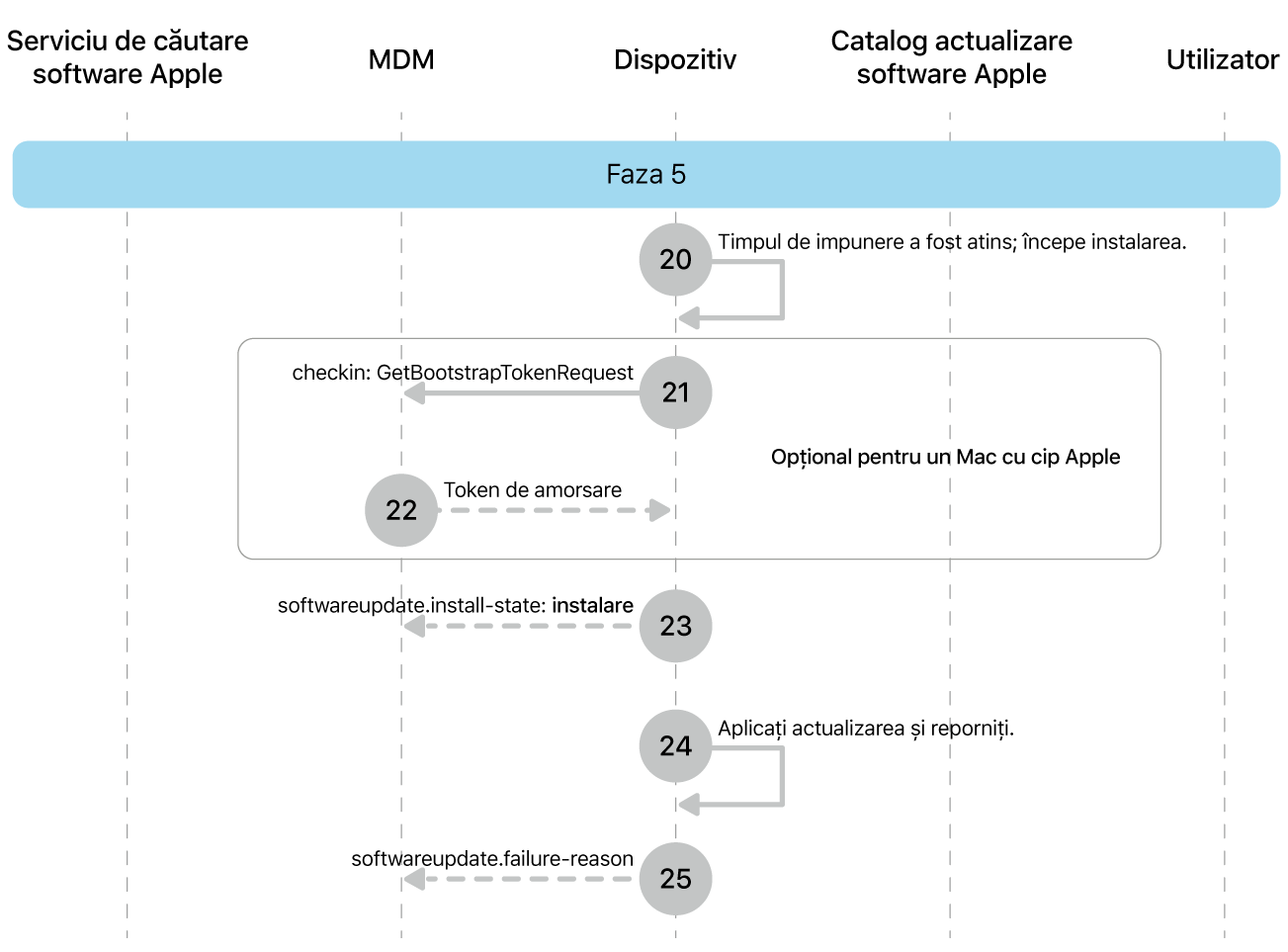 Faza 5 afișând pașii de la 20 la 25 ai impunerii actualizării de software Apple.
