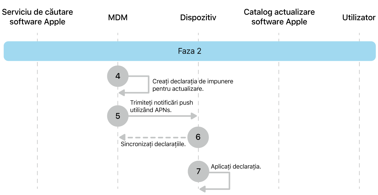 Faza 2 afișând pașii de la 4 la 7 ai impunerii actualizării de software Apple.