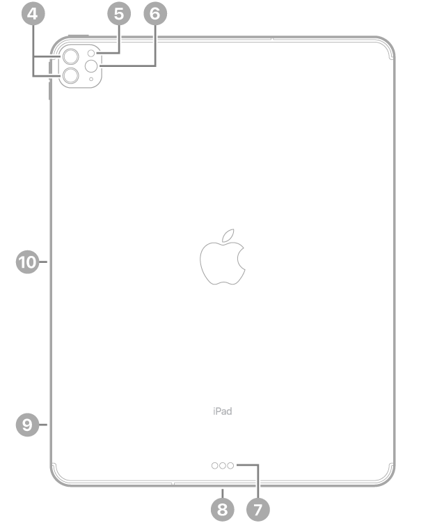 عرض للجزء الخلفي من iPad Pro مع وسائل شرح للكاميرات الخلفية والفلاش في أعلى اليسار، والموصل الذكي و USB-C في أسفل الوسط، وحامل الشريحة (في طرز Wi-Fi + خلوي) في أسفل اليسار، والموصل المغناطيسي لقلم Apple على اليسار.