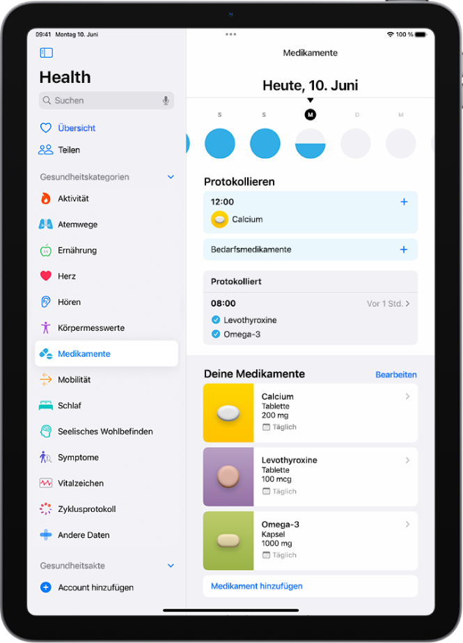 Der Bildschirm „Medikamente“ in der App „Health“ mit dem Datum und einem Protokoll für die Medikamenteneinnahme.
