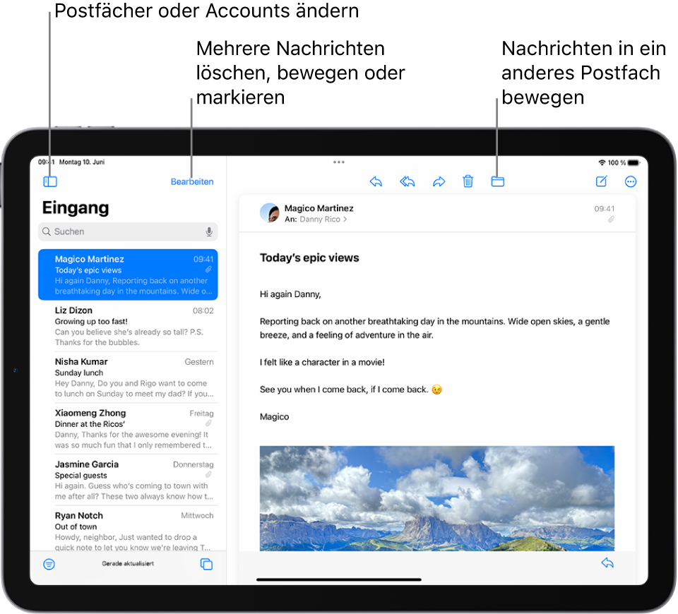 Der Posteingang der App „Mail“ mit einer E-Mail-Liste auf der linken Seite und einer geöffneten E-Mail auf der rechten Seite.