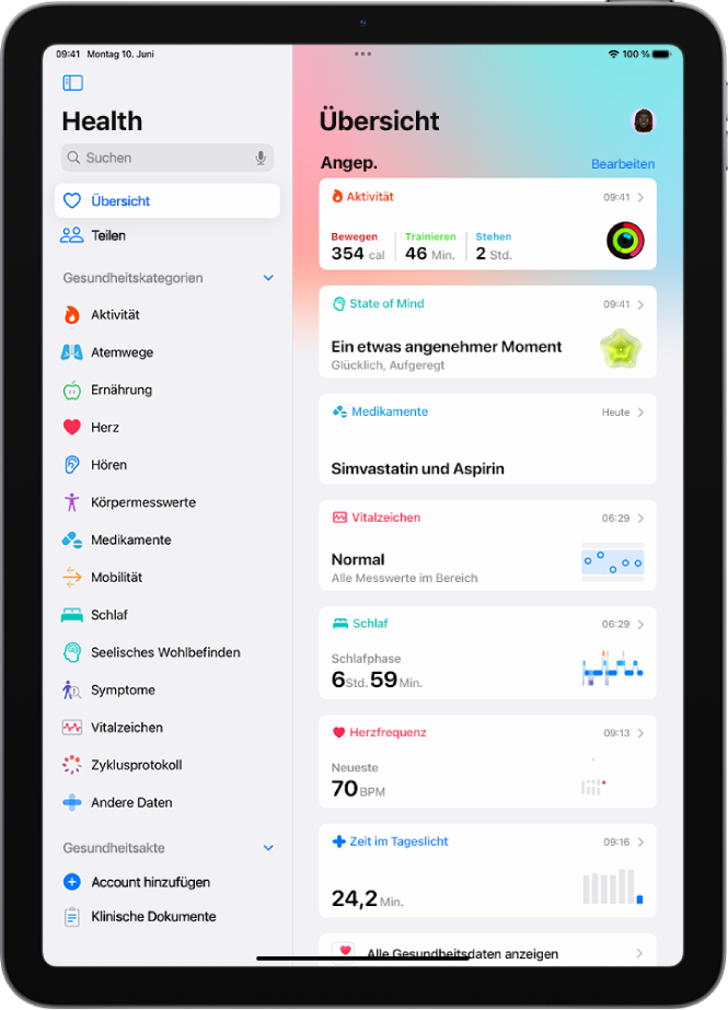 Der Bildschirm „Übersicht“ in der App „Health“. Informationen über Aktivität, Gemütszustand, Vitalzeichen, Schlaf, Herzfrequenz und im Tageslicht verbrachte Zeit werden unter „Angepinnt“ angezeigt.