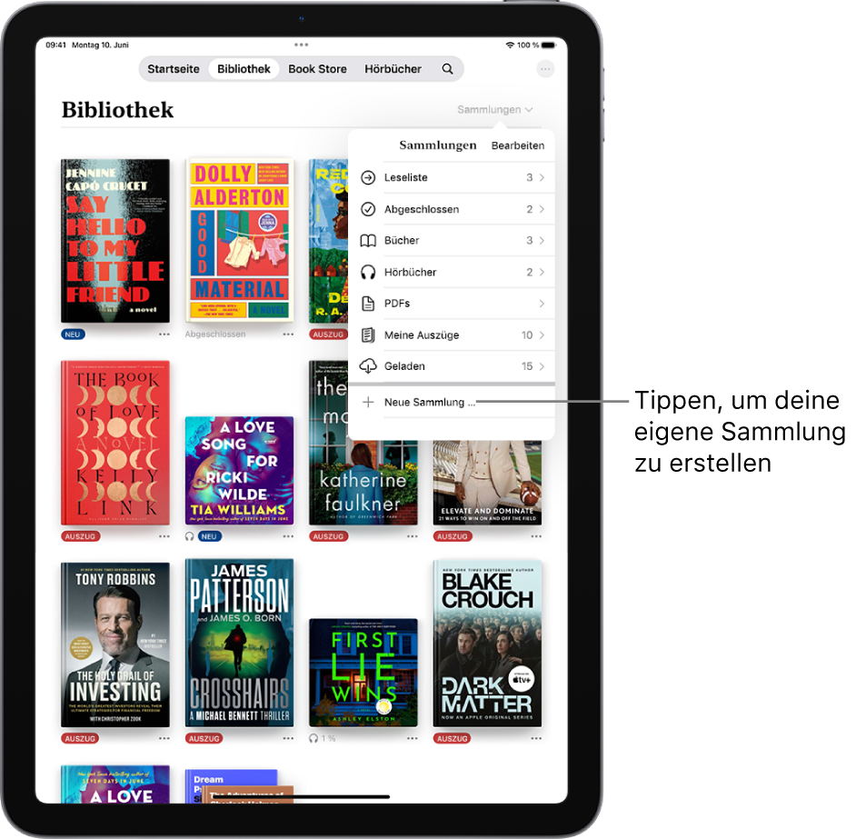 Der Bildschirm „Bibliothek“ in der App „Bücher“. Oben auf dem Bildschirm ist das Menü „Sammlungen“ geöffnet und zeigt Optionen, wie z. B. „Hörbücher“ und „PDFs“.