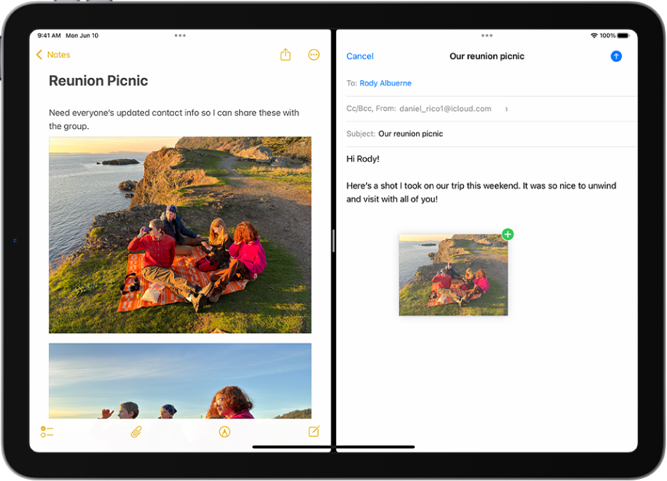 Προβολή Split View με ανοιχτές τις Σημειώσεις στα αριστερά και ένα email ανοιχτό στα δεξιά. Μια φωτογραφία από τις Σημειώσεις μεταφέρεται στο email.