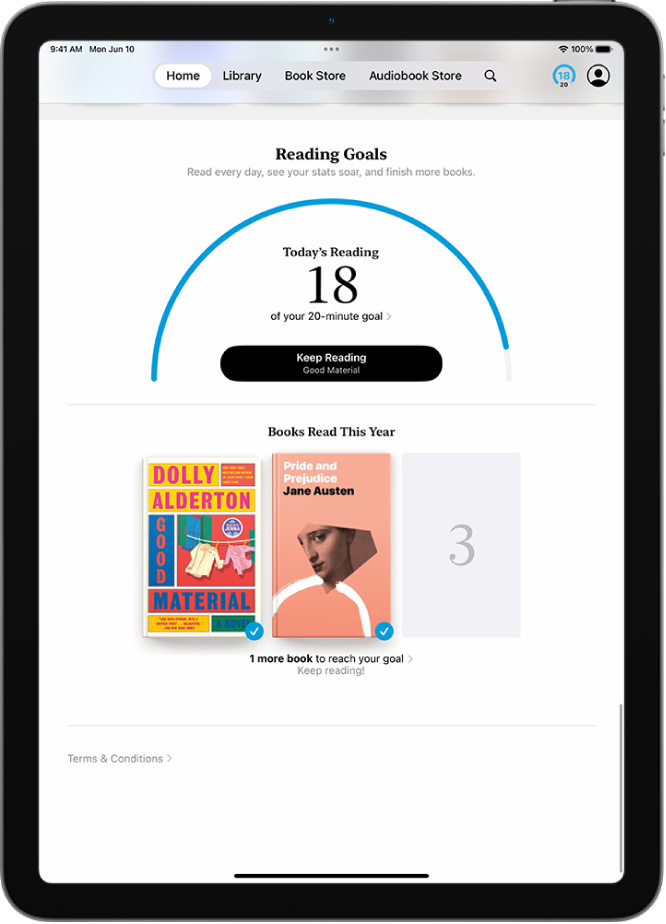 Kuvas Reading Goals on kasutajastatistika – näiteks täna loetu, nädala lugemismaht ning sellel aastal loetud raamatud.