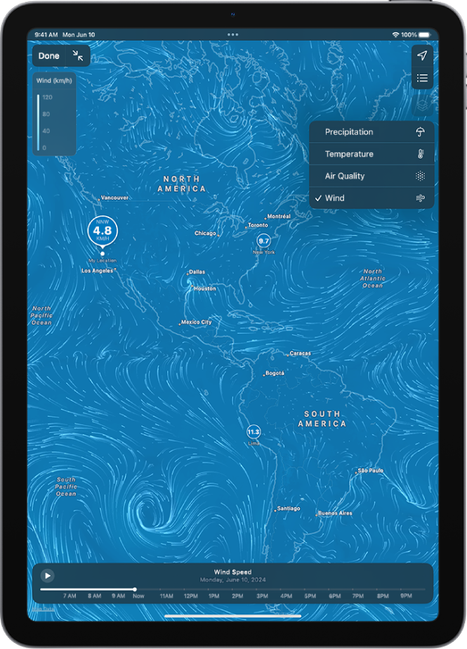 Ümbritseva piirkonna temperatuurikaart täidab iPadi ekraani. Ülemises paremas nurgas on (ülevalt alla) nupud Current Location ja Favorite Locations. Avatud on Overlay Menu ja valitud on Wind. Allosas on ajaskaala. Ülemises vasakus nurgas on nupud Toggle Full Screen Map ja Wind Map Overlay Scale.