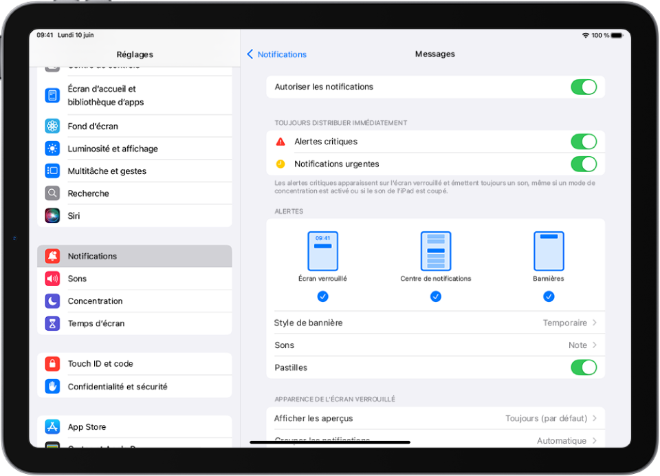 iPad avec les réglages Messages pour les notifications et les alertes.