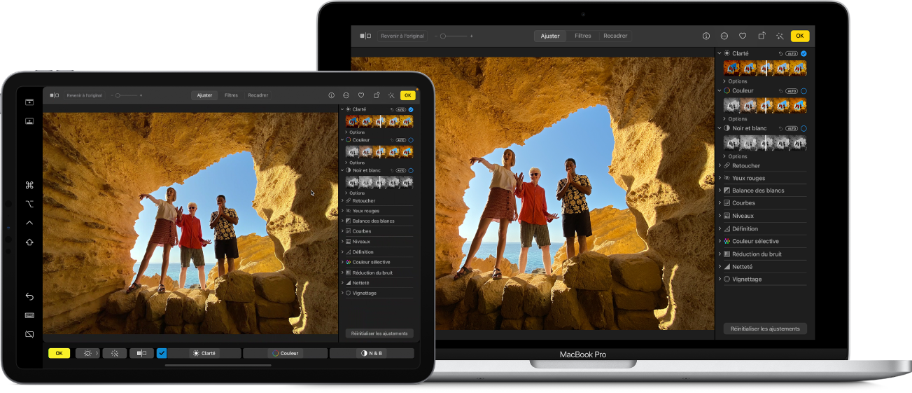 L’écran d’un Mac à côté de l’écran d’un iPad. Les deux écrans affichent la fenêtre d’une app d’édition de photos.