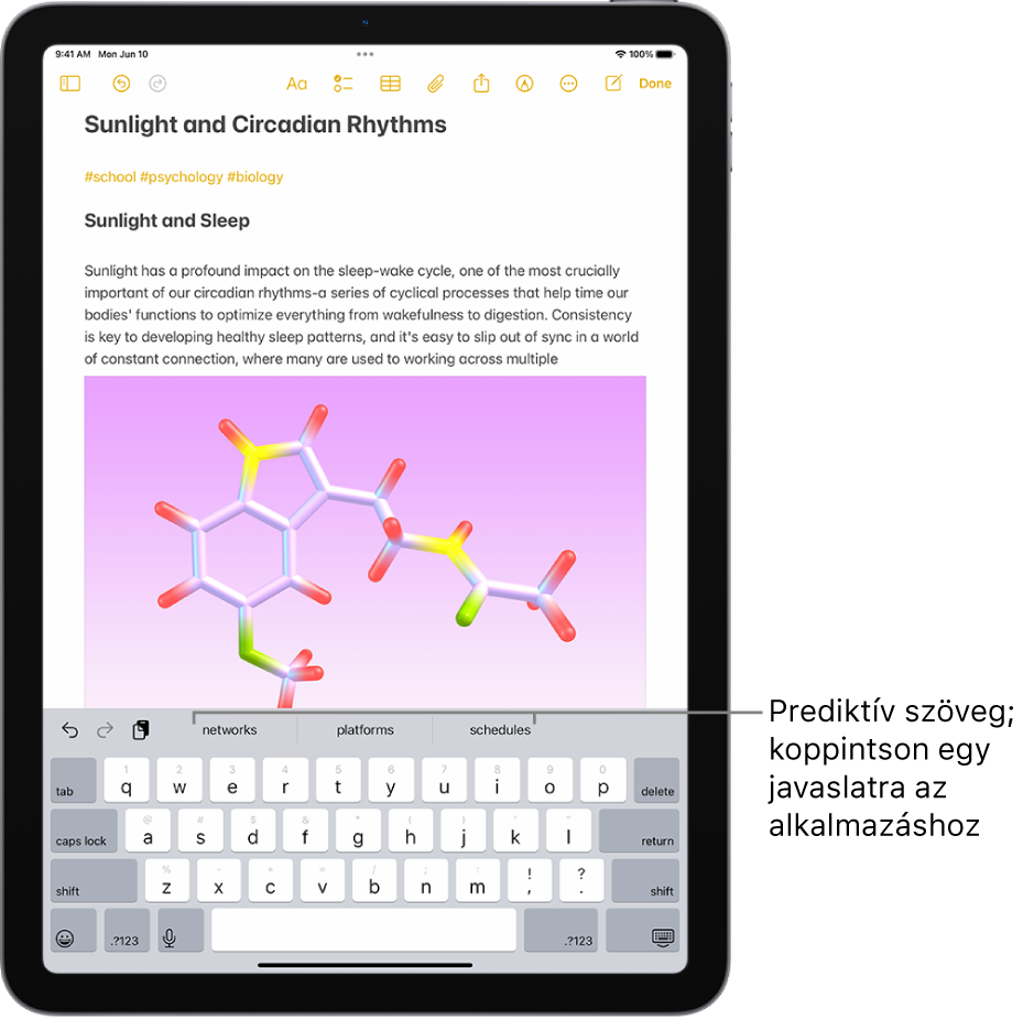 A képernyő-billentyűzet meg van nyitva a Jegyzetek appban. A szövegmezőbe szöveg van beírva, és a billentyűzet felett prediktív szövegjavaslatok jelennek meg a következő szóhoz kapcsolódóan.