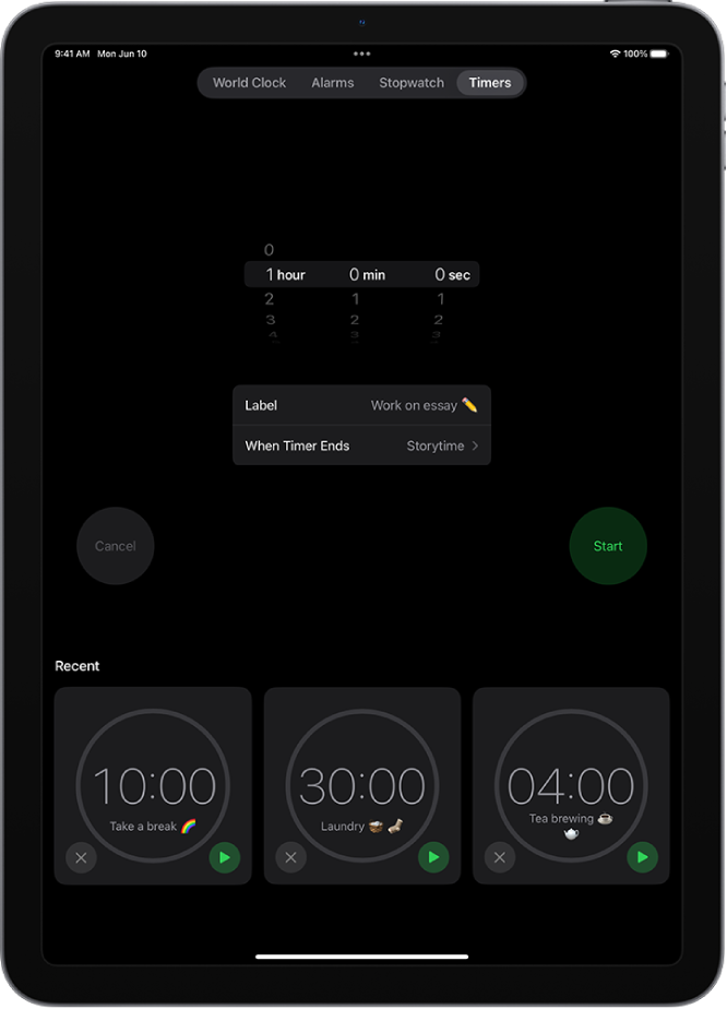 Tab Timer menampilkan pengaturan untuk mengatur timer. Timer yang baru dibuat berada di bawah pengaturan timer. Tombol Jam Dunia, Alarm, Stopwatch, dan Timer terletak di bagian bawah.