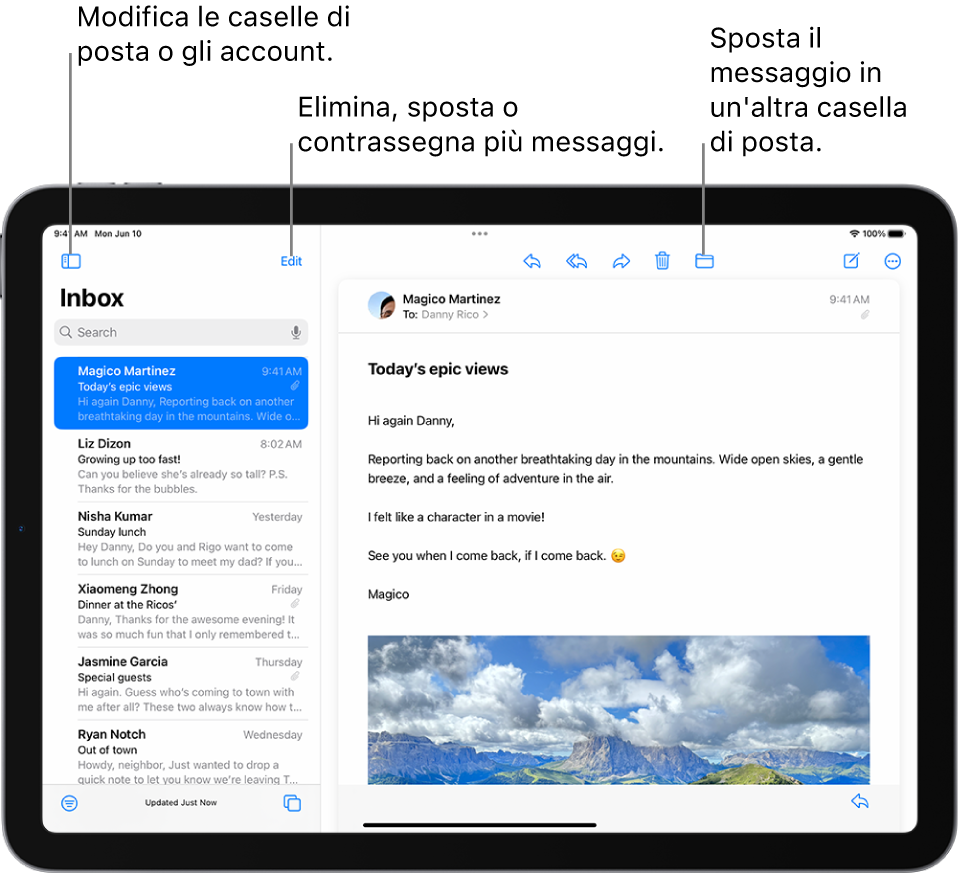 La casella Entrata di Mail con un elenco di email sulla sinistra e un’email aperta sulla destra.