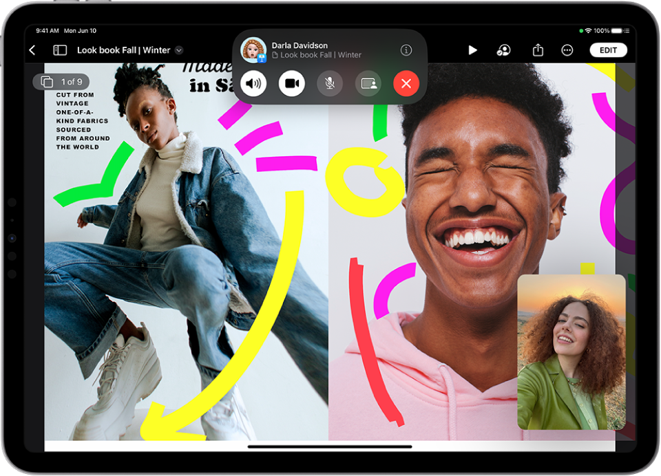 FaceTime zvans ar SharePlay sesiju — redzams, ka zvana laikā tiek kopīgots Apple TV+ video saturs. FaceTime vadīklas ir attēlotas ekrāna augšā, video tiek atskaņots tieši zem vadīklām, un atskaņošanas vadīklas atrodas ekrāna apakšā.