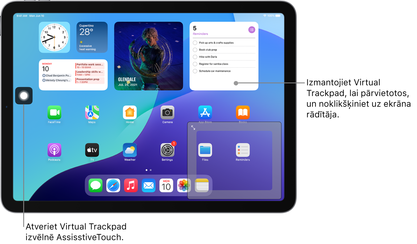 iPad ar virtuālu skārienpaliktni, kas tiek parādīts ekrāna stūrī. Ekrānā ir arī izvēlne AssistiveTouch (ko izmanto, lai atvērtu skārienpaliktni) un rādītājs (kuru kontrolē skārienpaliktnis).
