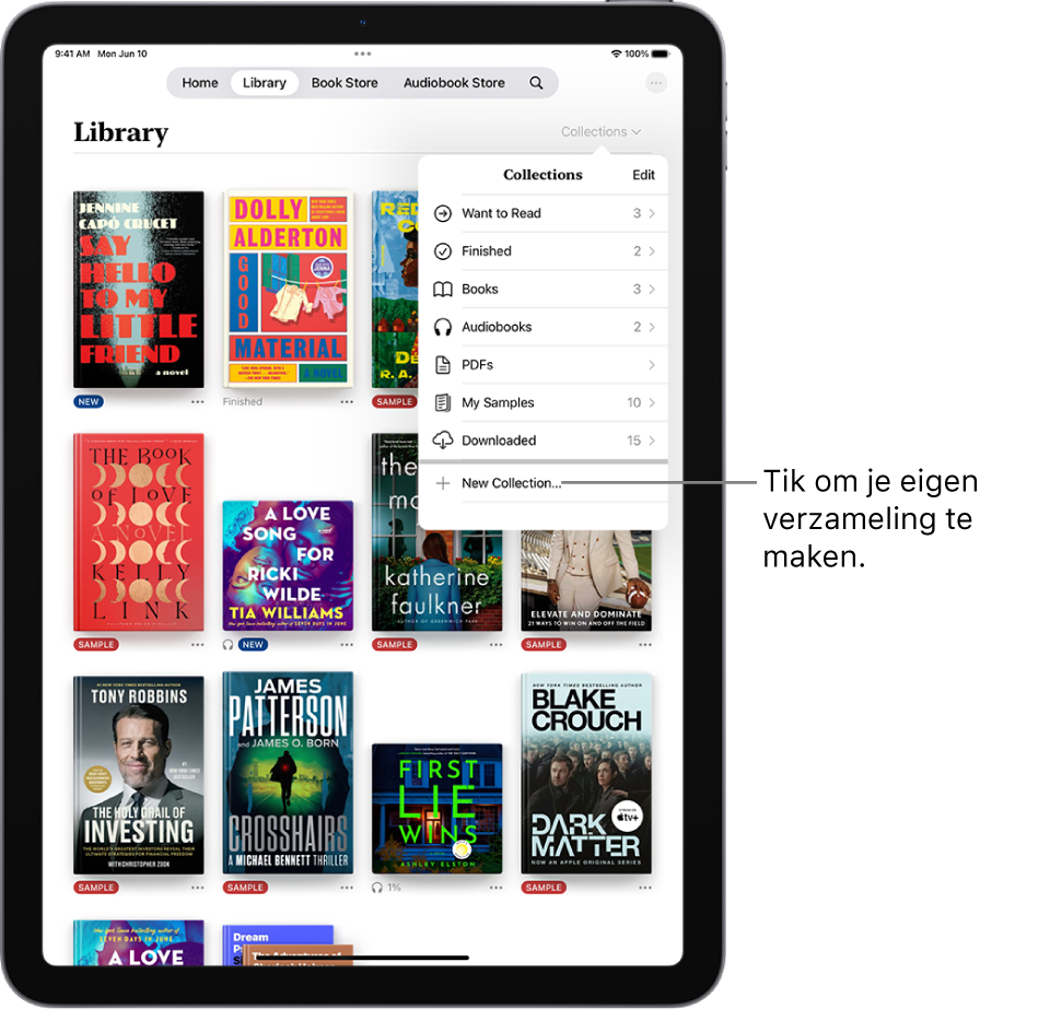 Het scherm 'Bibliotheek' in de Boeken-app. Boven in het scherm is het menu 'Verzamelingen' geopend, met daarin opties zoals 'Audioboeken' en 'Pdf's'.