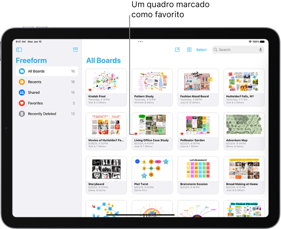 O Freeform está aberto no iPad. A opção Todos os Quadros está selecionada na barra lateral e miniaturas de quadros aparecem à direita.