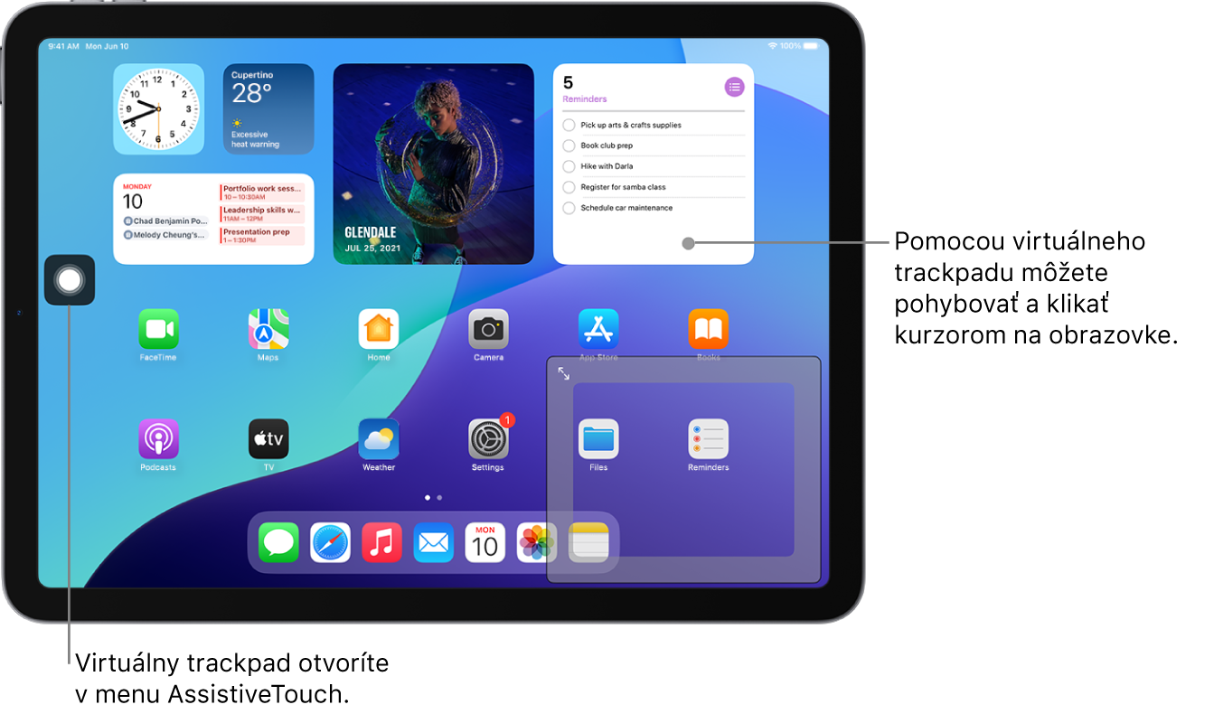 iPad s virtuálnym trackpadom v rohu obrazovky. Na obrazovke sa nachádza aj menu AssistiveTouch (ktoré sa používa na otvorenie trackpadu) a kurzor (ktorý sa ovláda pomocou trackpadu).