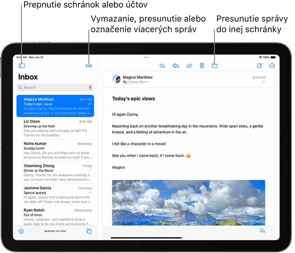 Schránka apky Mail so zoznamom emailových správ naľavo a otvoreným emailom napravo.