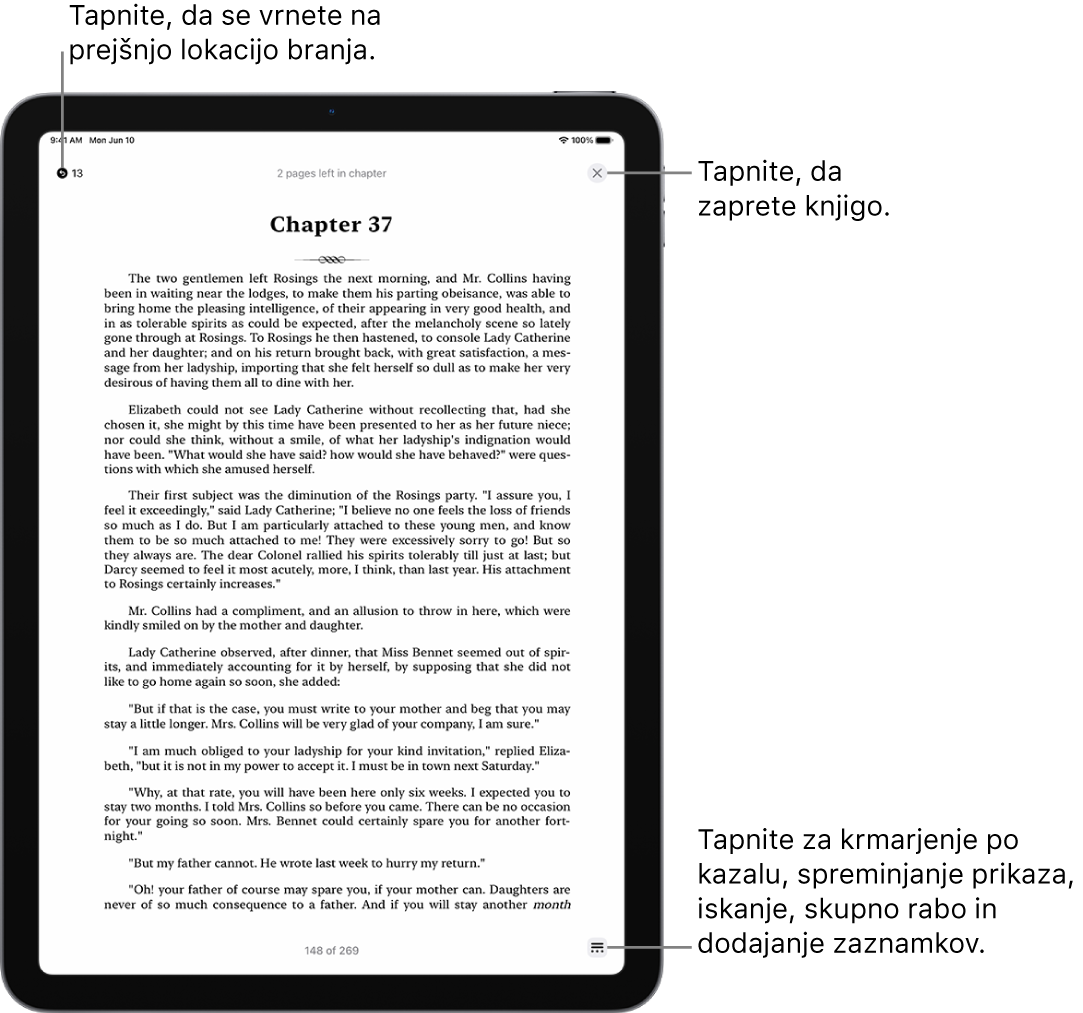 Stran knjige v aplikaciji Knjige. Na vrhu zaslona sta gumba za vrnitev na stran, na kateri ste začeli brati, in za zapiranje knjige. V spodnjem desnem kotu zaslona je menijski gumb.