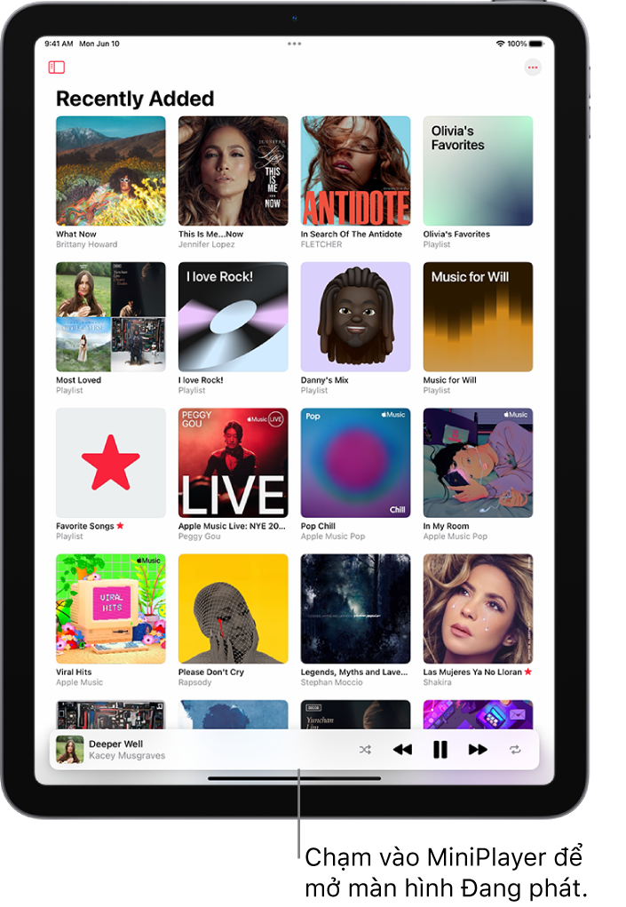 Màn hình Đã thêm gần đây của Thư viện, đang hiển thị MiniPlayer ở gần cuối. MiniPlayer hiển thị tiêu đề của bài hát đang phát. Các nút Tạm dừng và Bài tiếp theo nằm bên phải tiêu đề bài hát.