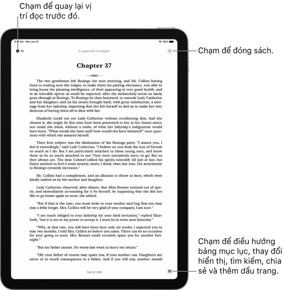 Một trang sách trong ứng dụng Sách. Ở đầu màn hình là các nút để quay lại trang mà bạn đã bắt đầu đọc và để đóng sách. Ở dưới cùng bên phải của màn hình là nút Menu.