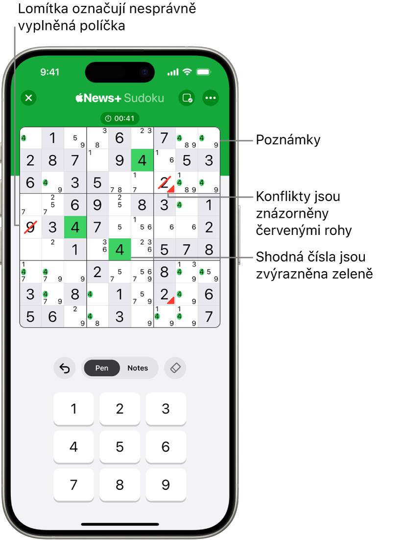 Sudoku s několika zapnutými funkcemi: poznámkami, zvýrazňováním shodných čísel, zobrazováním konfliktů a automatickou kontrolou