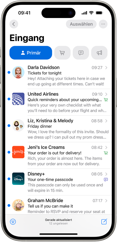 Der Posteingang der App „Mail“ mit einer Liste von wichtigen Nachrichten.