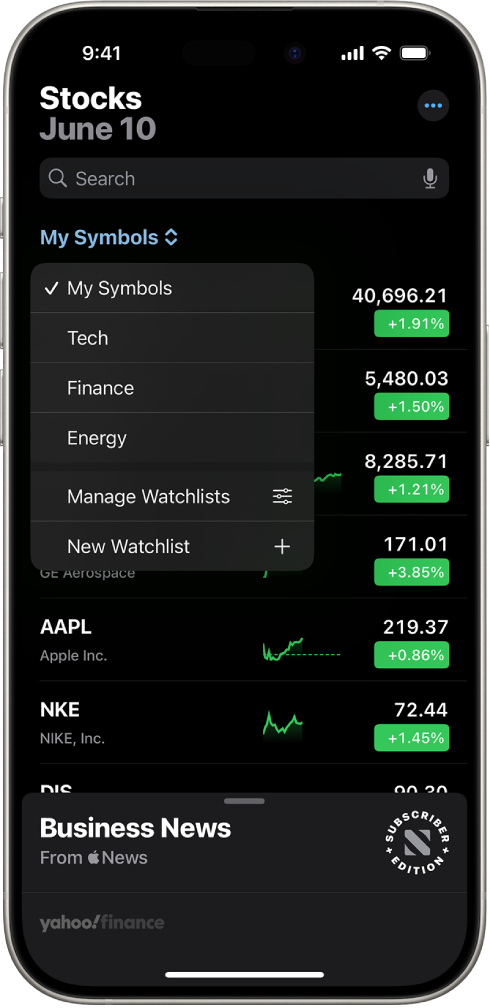 A watchlist in the Stocks app showing a list of different stocks. Each stock in the list displays, from left to right, the stock symbol and name, a performance chart, the stock price, and price change. At the top of the screen, the My Symbols watchlist is selected and the following watchlists and options are available: Tech, Finance, Energy, Manage Watchlists, and New Watchlist.