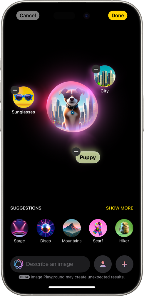 The Image Playground app window showing a created image of a dog wearing sunglasses.