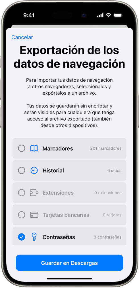Pantalla “Exportación de los datos de navegación” con la opción Contraseñas seleccionada para exportarlas a otro gestor de contraseñas.