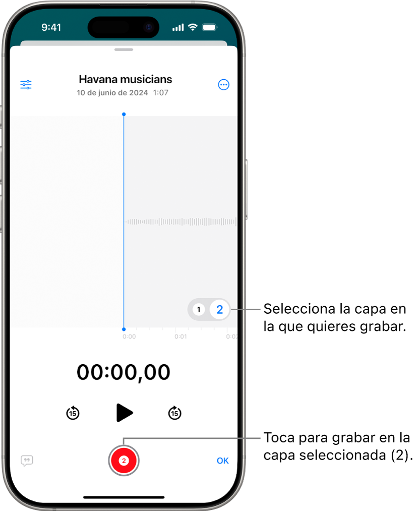 Pantalla para grabar una segunda capa en la app Notas de Voz.