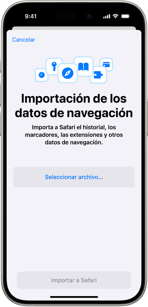 Pantalla “Importación de los datos de navegación” con los datos de otro navegador que se van a importar a la app Safari.