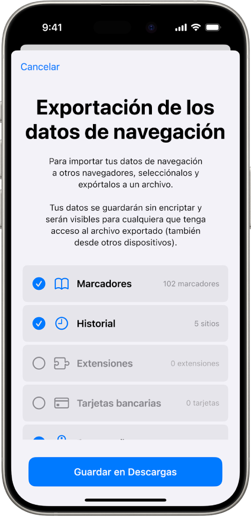 Pantalla “Exportación de los datos de navegación” con los datos que puedes exportar de la app Safari a otro navegador.