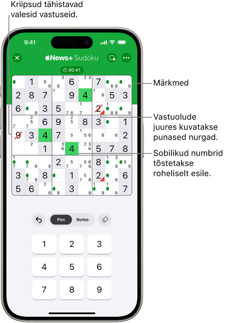 Sudoku mõistatus, kus on sisselülitatud mitu funktsiooni: Notes, Highlight Matching Numbers, Show Conflicts ja Autocheck.