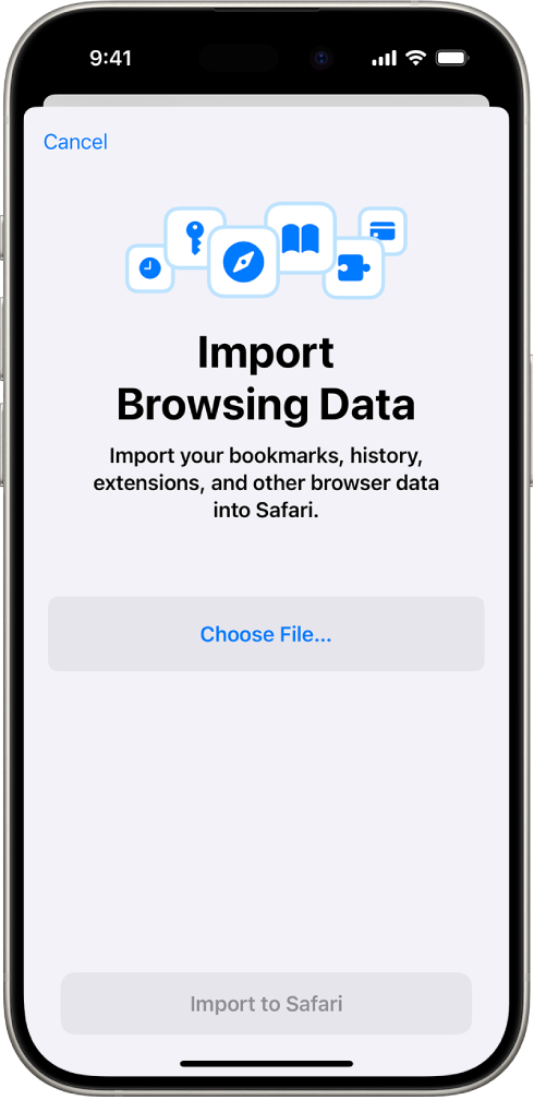 Layar Impor Data Penelusuran, yang menampilkan data dari browser lain yang akan diimpor ke Safari.