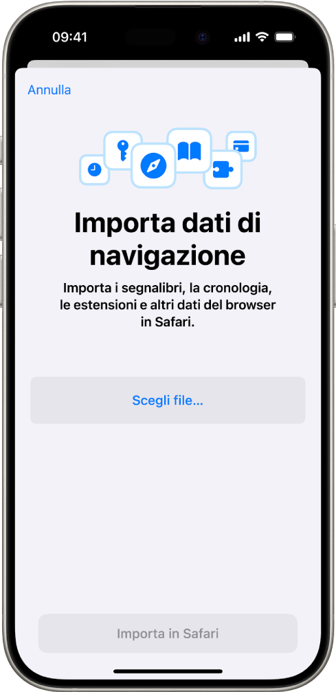 La schermata di importazione dei dati di navigazione che mostra i dati di un altro browser da importare in Safari.