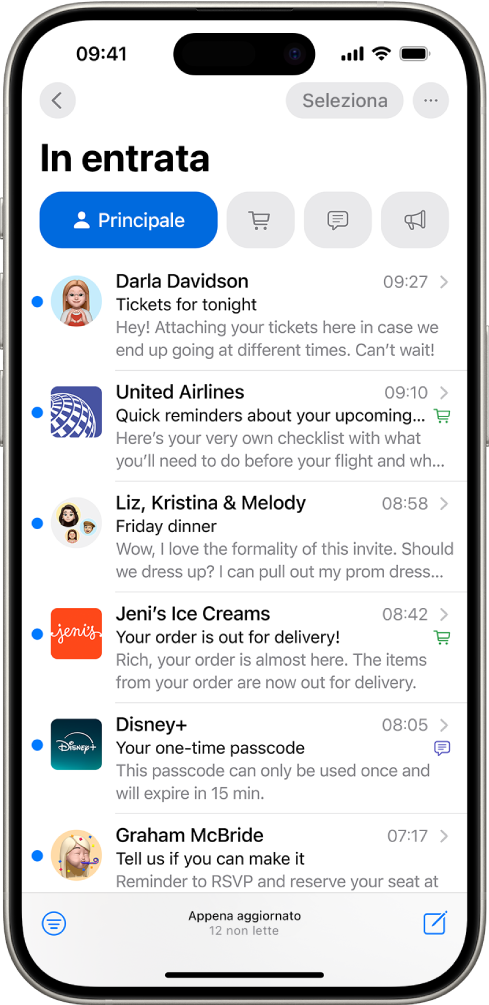 La casella Entrata di Mail che mostra un elenco di messaggi della categoria Principale.