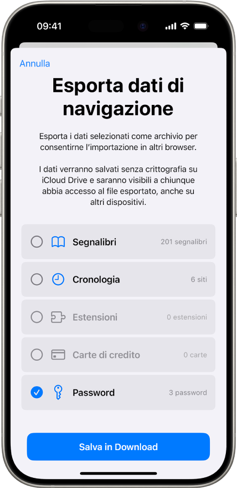 La schermata di esportazione dei dati di navigazione, con l’opzione Password selezionata per eseguire l’esportazione verso un altro gestore di password.