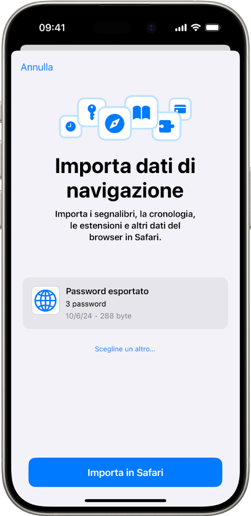 La schermata di importazione dei dati di navigazione che mostra il file CSV delle password da importare da un altro gestore di password.