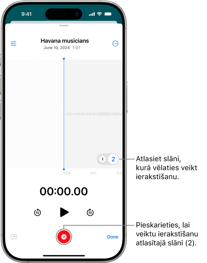 Ekrāns otra slāņa ierakstīšanai lietotnē Voice Memos.