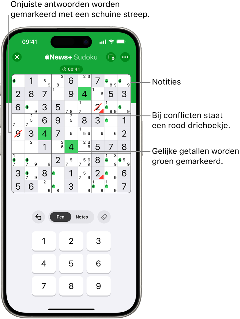 Een sudokupuzzel waarbij verschillende functies zijn ingeschakeld: 'Notes', 'Highlight Matching Numbers', 'Show Conflicts' en 'Autocheck'.