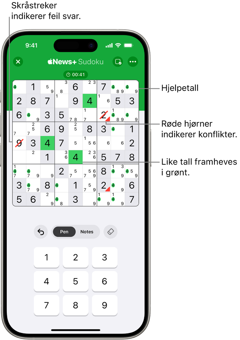 En sudoku-oppgave med flere funksjoner slått på: Notes, Highlight Matching Numbers, Show Conflicts og  Autocheck.