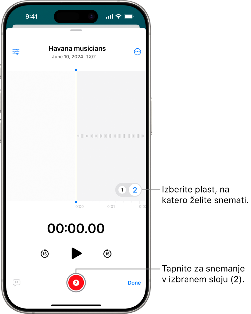 Zaslon za snemanje drugega sloja v aplikaciji Glasovni zapiski