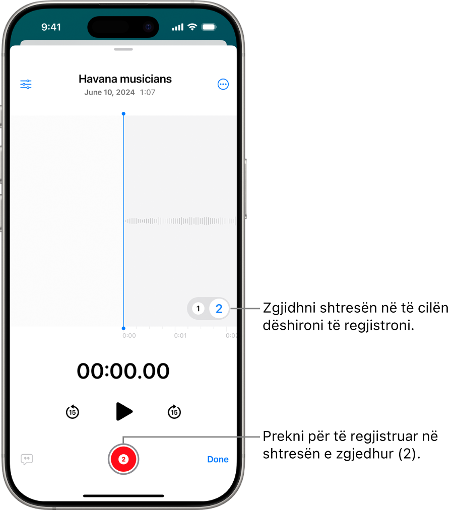 Ekrani për regjistrimin e një shtrese të dytë në Voice Memos.