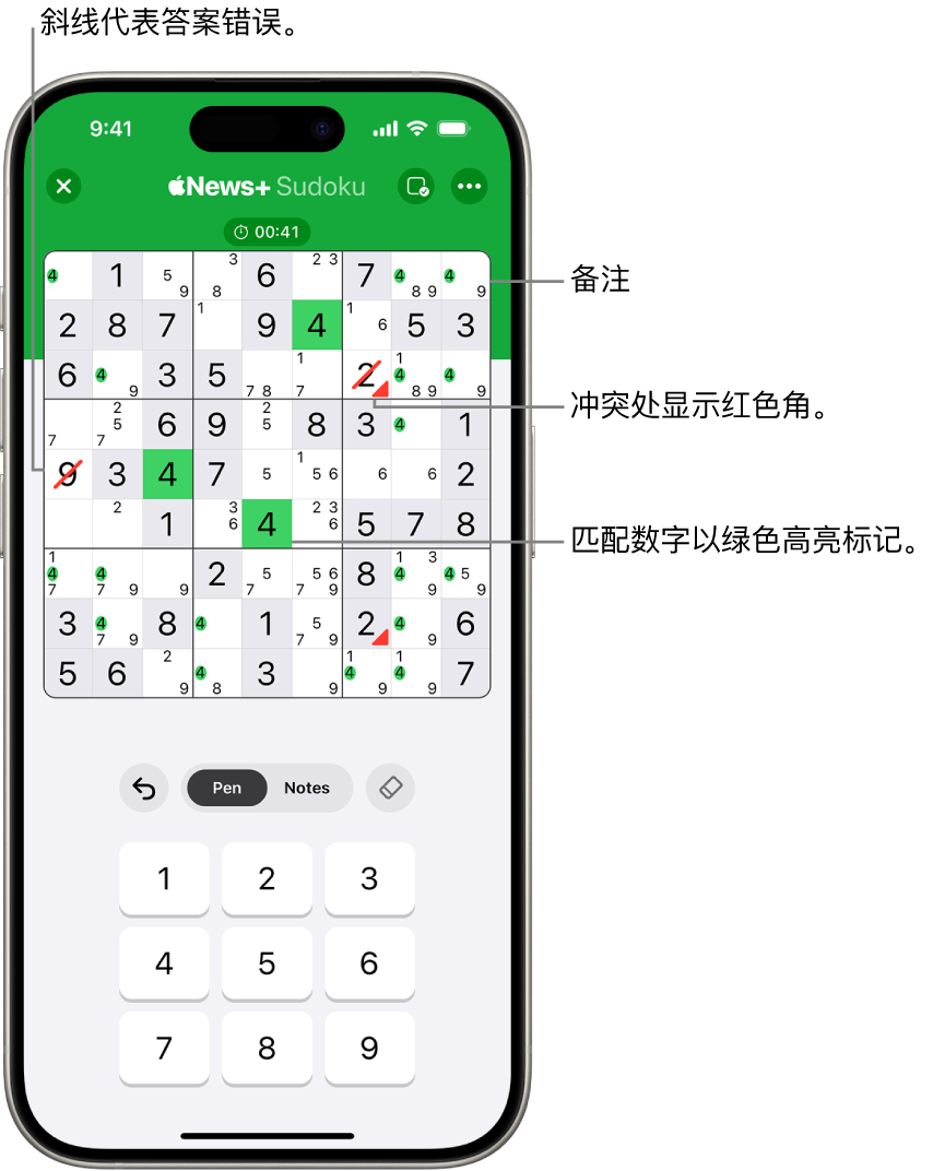 数独游戏已打开多项功能：备注、高亮标记匹配的数字、显示冲突和自动检查。
