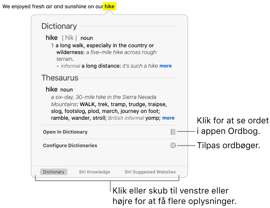 Vinduet Slå op viser ordbogs- og synonymordbogsdefinitioner for et ord.