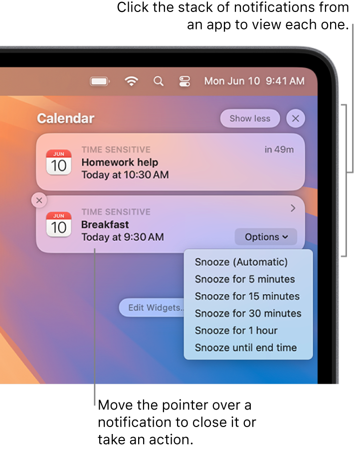 App notifications in the upper-right corner of the desktop, including an open stack of two Reminders notifications with a “Show less” button to collapse the stack, and one Calendar notification with a Snooze button.