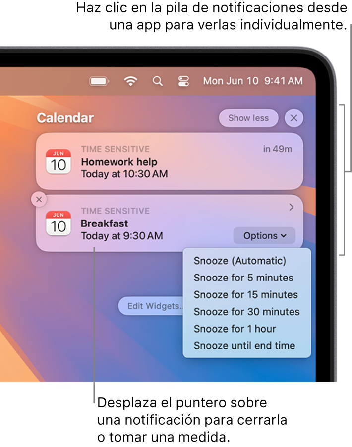 Notificaciones de apps en la esquina superior derecha del escritorio, incluida una pila abierta de dos notificaciones de Recordatorios con un botón “Mostrar menos” para contraer la pila y una notificación de Calendario con un botón Posponer.
