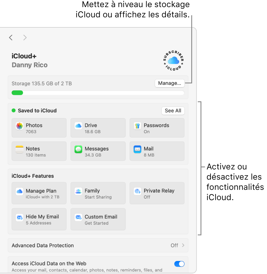 Réglages iCloud avec toutes les fonctionnalités activées